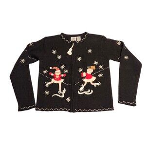 Tiara Girls Zip Up Cardigan Sweater Black w/ Applique Skaters Beading Size 12/14
